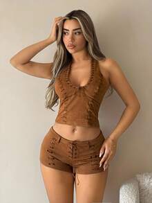 SHEIN ICON Women's Halter Crop Top And Low Waist Shorts Set Brown 2 Pieces Set, Fall Clothes, Concert Outfit - Brown - View 2