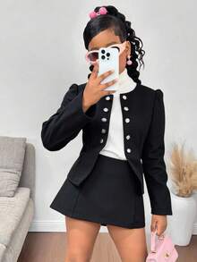 SHEIN 青少年女孩休闲时尚优雅复古风格罗纹圆领金属纽扣前长袖仿麂皮夹克，黑色 - 黑色 - 查看 1