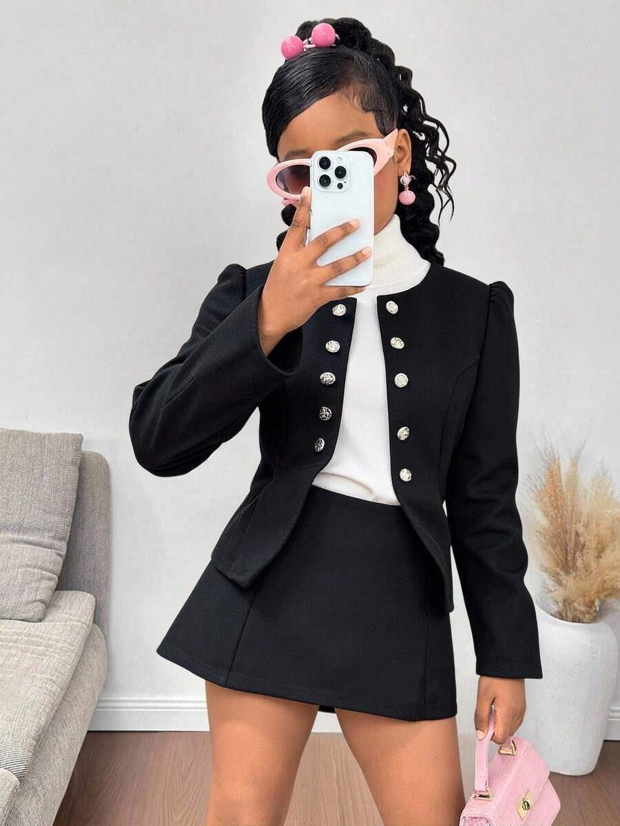 SHEIN 青少年女孩休闲时尚优雅复古风格罗纹圆领金属纽扣前长袖仿麂皮夹克，黑色 - 黑色 - 查看 1