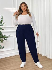 SHEIN CURVE+ Plus Size Women's Autumn And Winter Fashion Casual Comfortable Leopard Print Stitching Elastic Waist Pocket Black Pants,Women Bottom,Fall Women Clothes,Work Pants,Teacher Clothes,Curv Pants,Office Wear,Business Casual Women - Navy Blue - View 6