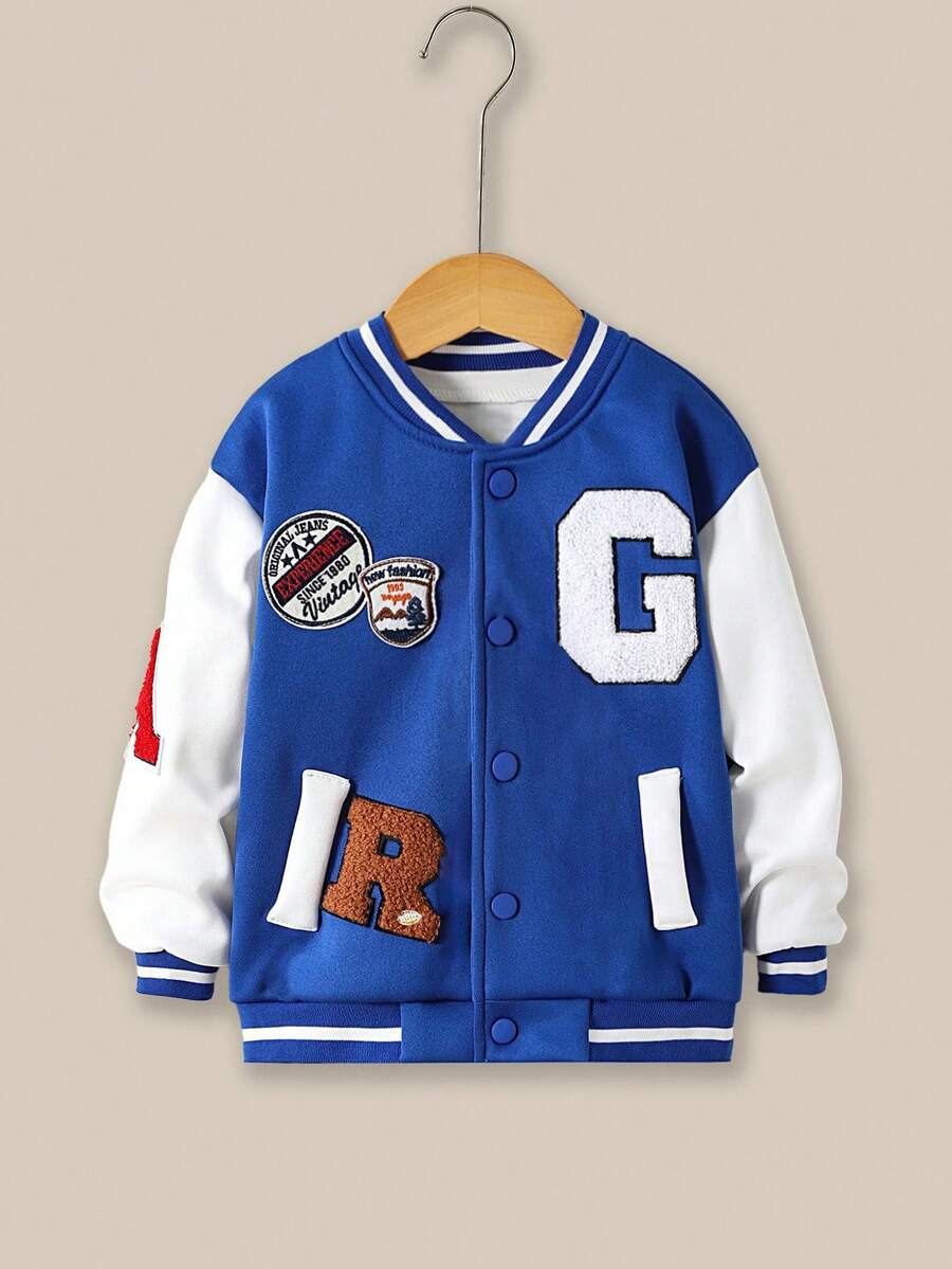 Casuvi Kids Young Boys Blue Letter Pattern Paneled Baseball Jacket,Autumn/Winter.2025 Back-To-School Season Kids College Outfits And Campus Sportswear - Blue - View 1