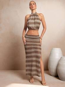 L'Amorae Bluză de vacanță sexy pentru femei, cu imprimeu cu dungi, fără spate, cu mânecă lungă