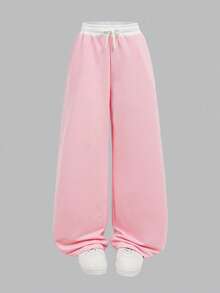 SHEIN Quần nỉ dệt kim màu hồng nhạt có dây rút tương phản, dáng rộng thoải mái, phong cách học viện thể thao cổ điển, thường ngày cho nữ sinh trung học - Màu Hồng baby - Xem 7