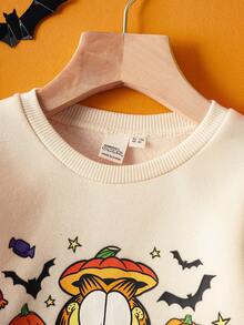 GARFIELD | SHEIN Young Girls' Khaki Sweatshirt With Cartoon Cat And Pumpkin Candy Patterns, Suitable For Autumn, Winter And Halloween - Khaki - View 3