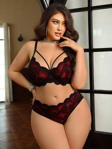 SHEIN Seduluxe 2pcs Plus Size Lace Patchwork Underwire Bra Set Custom Lingerie Set Lace Lingerie Set Red And Black Lingerie Set Bras For Women, Lift