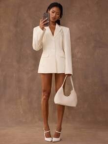 SHEIN BAE 女士优雅纯色腰部收紧西装外套，适合通勤 - 杏色 - 查看 1