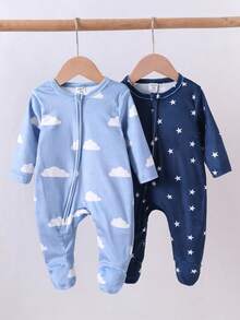 2件套新生儿简约星云图案长袖连体睡衣套装 - 彩色 - 查看 3