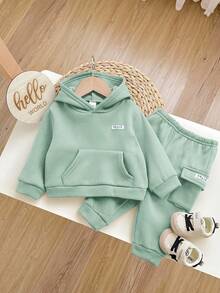 2件套男婴可爱绿色连帽运动衫带口袋和松紧腰裤套装，秋冬 - 綠色 - 查看 2