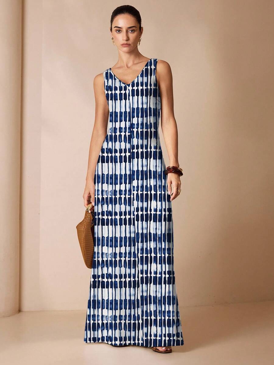 Shutterstock Glamance Women's Fashionable Elegant Casual Printed Sleeveless Dress - Blue - View 1