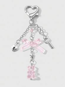 ROMWE Kawaii 1 chiếc móc khóa & móc chìa khóa bằng nhựa DIY hình trái tim rỗng, ngôi sao, cây, nơ, gấu bông bằng bạc tối giản, phụ kiện đa năng cho bé gái/phụ nữ, thích hợp để đeo hàng ngày hoặc làm quà tặng - Hồng - Xem 1