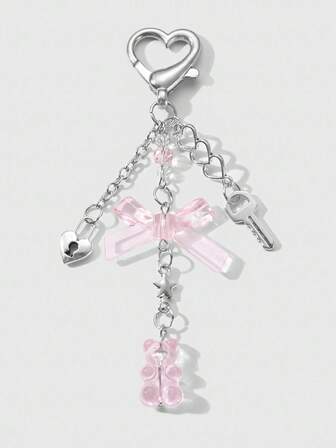 Kawaii 1 pezzo Portachiavi/Portachiavi in resina minimalista con ciondolo in argento a forma di cuore cavo, stella, albero, fiocco, orsacchiotto, accessorio versatile per ragazze/donne, adatto per uso quotidiano o come regalo