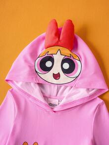 THE POWERPUFF GIRLS X SHEIN Young Girl Blossom Pattern Cute 3D Shaped Hooded Long Sleeve Mesh Costume Dress, Pink Fall Winter - Multicolor - View 6