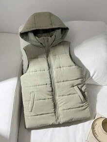 SHEIN 少女褶皱连帽无袖休闲背心，秋冬季款 - 薄荷綠 - 查看 3