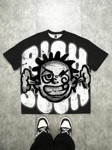 SHEIN 街头涂鸦艺术家肖像，涂鸦人物，街头风格，我是富人，朋克，嘻哈，酷，家伙，说唱歌手。青少年男孩休闲简约短袖圆领 T 恤，适合夏季 - 彩色 - 查看 2