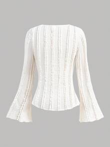 SHEIN Girlism Blusa blanca de manga larga con cuello en V para mujeres, top blanco texturizado, top blanco con nudo delantero, camiseta blanca de manga acampanada con textura para adolescentes