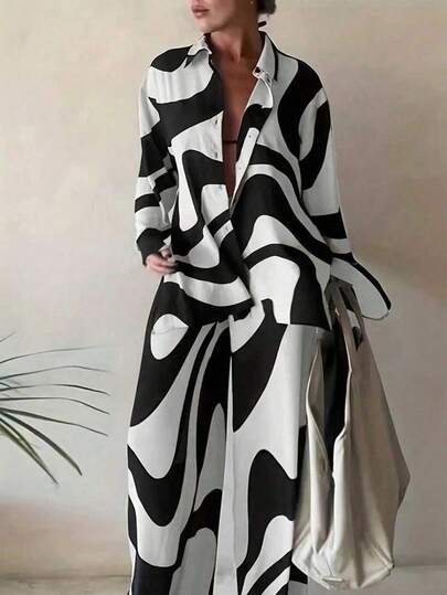 SHEIN LUNE מידות גדולות מחולק לצבעים סט חולצה ומכנס