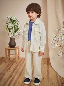 Loomiva 2pcs Young Boy Solid Color Knit Soft Collar Cardigan And Elastic Waist Pants Set Fall Winter - Beige - View 6