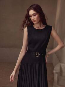 MOTF PREMIUM WOMEN'S PLEATED PATCHWORK ELEGANT DRESS - Black - View 2