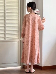 Tween 女童碎花 V 领长袖宽松休闲睡袍，度假休闲碎花长袖连衣裙 - 粉色 - 查看 2
