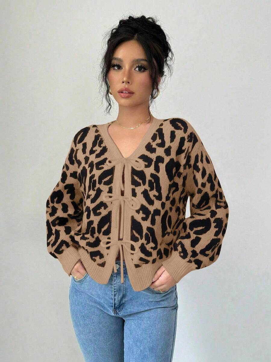 SHEIN Elenzya 女式豹纹撞色蝴蝶结休闲灯笼袖V领开衫，秋冬 - 駝色 - 查看 1