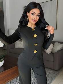 Vavine 1套女士优雅金属纽扣装饰长袖薄款衬衫 - 黑色 - 查看 5