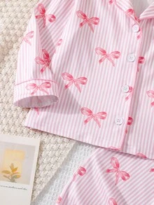 SHEIN Bộ đồ ngủ tay dài họa tiết nơ hồng dễ thương cho bé gái - Hồng - Xem 5
