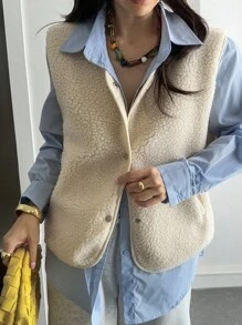 Livesso 女士休闲百搭蓬松背心，秋季外套背心女式大衣 - 杏色 - 查看 4