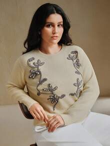 Anewsta Embroidered Knit Pullover Sweater,Sage Green,Autumn,Elegant,Wedding Guest,Chic Winter New Year Christmas Work Graduation Wedding Formal Party Sweater - Apricot - View 7