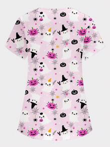 PopScrub Đồng phục y tá/bác sĩ làm việc/kiểm tra sức khỏe phẫu thuật/đồng phục làm việc chải chuốt cho thú cưng màu trơn/đồng phục làm việc cho chuyên gia dinh dưỡng Đồng phục phòng thí nghiệm chức năng tay ngắn/nhiều túi, trang phục ngày lễ chức năng cho nữ, áo nữ, áo nữ mùa hè, áo nữ Halloween - Hồng - Xem 2