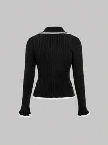 SHEIN MOD Plus Size Black Polo Collar Button Front Wavy Trim Contrast Color Cuff Elegant Long Sleeve Dress Autumn Winter Clothes For Women - Black and White - View 2