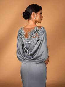 Serin Elegant Luxurious Embroidered Lace Sequin Patchwork Elastic Satin Ruffle Sleeve Mermaid Hem Dress, Suitable For Wedding, Party, Bachelorette Party, Vacation, Gala, Evening, Mother Of The Bride Dress, Valentine's Day - Army Green - View 4