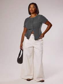 MUSERA Áo sơ mi tay ngắn ôm dáng, cài cúc, thanh lịch, sang trọng, thích hợp cho kỳ nghỉ, du lịch, dễ thương, lãng mạn, phong cách thập niên 90, Y2K, mùa xuân, hè, lễ Phục sinh. - Màu xám đen - Xem 3