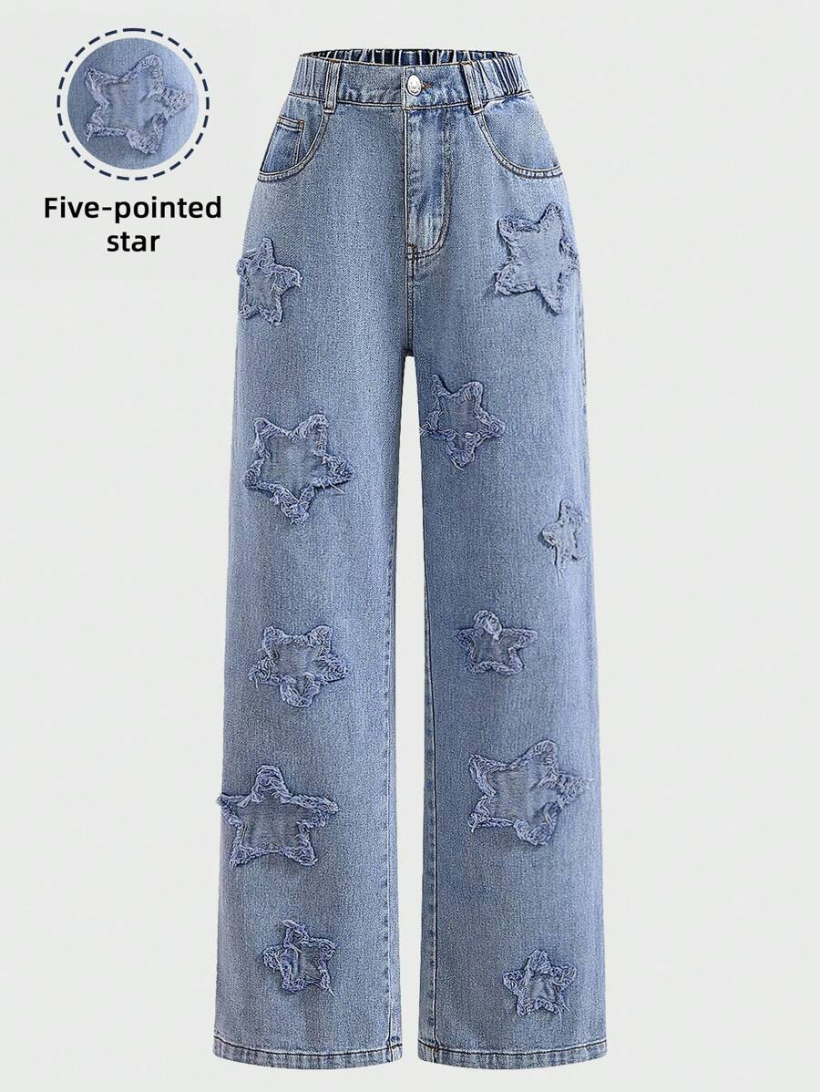 Y2K 街头风格休闲宽松破洞星星贴片弹力腰牛仔裤，适合少女穿着 - 藍色 - 查看 1