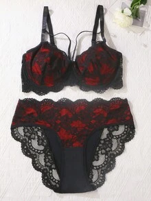 SHEIN Seduluxe 2pcs Plus Size Lace Patchwork Underwire Bra Set Custom Lingerie Set Lace Lingerie Set Red And Black Lingerie Set Bras For Women, Lift