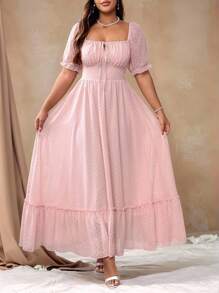 Roveilla Plus Size Sweet Romantic Pink Square Neck Bow Tie Ruffle Hem Long Dress Easter Wear - Pink - View 1