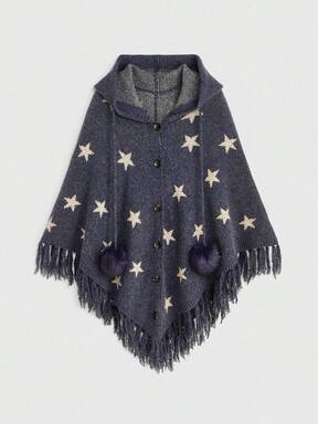 Hippie Boho Mysterious Witch Style Star Jacquard Batwing Sleeve Tassel Hem Women Plus Size Hooded Cardigan Sweater