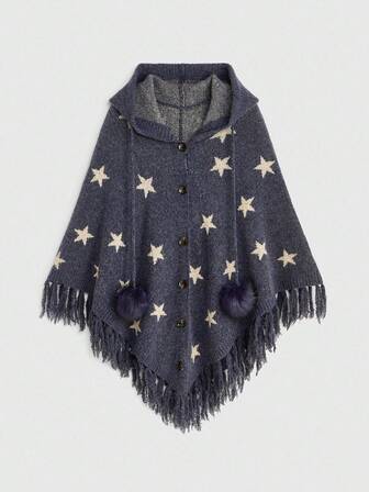 Hippie Boho Mysterious Witch Style Star Jacquard Bat Wing Tassel Hem Women Hooded Cardigan