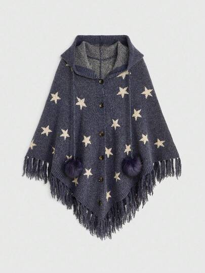 Hippie Boho Mysterious Witch Style Star Jacquard Bat Wing Tassel Hem Women Hooded Cardigan