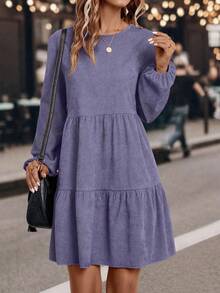 SHEIN LUNE Elegant Vintage Solid Color Ruffle Hem Long Sleeve Dress Fall Cloth For Women - Purple - View 5