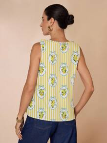Shutterstock Glamance Women's Elegant Ruffled Sleeveless Loose Blouse, Spring/Summer Lemon Print Top Yellow Striped Top Ruffle Top Flowy Top - Yellow - View 2