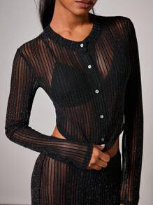 COSMINA Women's Striped Mesh Sequin Single-Breasted Cropped Long Sleeve Top And Mini Skirt Sexy 2 Pieces Set