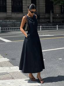 DAZY Women's Sleeveless Round Neck Waist Cinched Denim Dress, Summer - Blue - View 4