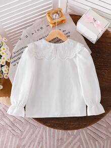 SHEIN Elladie kids 1pc Girls' Pure White Lace Trim Casual Blouse, Delicate Ruffle Big Peter Pan Collar, Cute Everyday Versatile Shirt For Autumn Fall Winter - White - View 2
