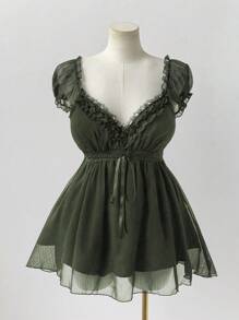 Sunspun Plus Size Elegant Solid Color Lace Trim Blouse, Summer - Dark Green - View 5