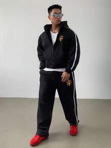 DAZY Men's Autumn Zip-Up Hoodie Set With Side Stripe, Letter Print Design, Streetwear Style - Navy Blue - View 4