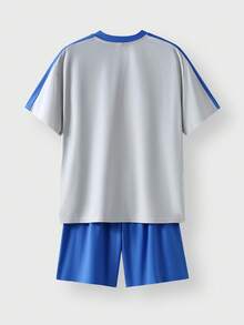 JNSQ Back To School Outdoor Sports Jersey Shorts Set, Kids Round Neck Contrast Color Patchwork Funny Letter Print Graphic Outdoor Sports Short Sleeve T-Shirt Set - Blue - View 6