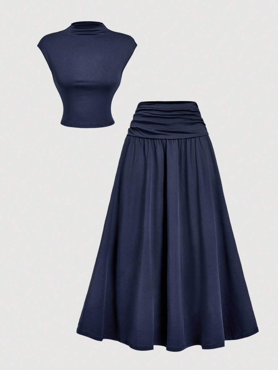 SHEIN MOD Light Yellow 2 Pieces Set: Stand Collar Top & Fitted Skirt - Navy Blue - View 1