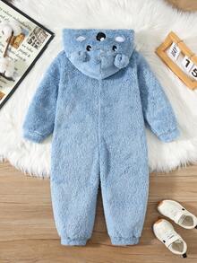 SHEIN 小男孩可爱宽松舒适刺绣3D动物毛绒连体裤，保暖内衬厚款，适合秋冬季