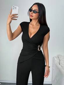 Sweetra Bộ 2 trang phục đi làm tối giản, thoải mái, khóa kim loại, họa tiết đan móc, mùa thu dành cho nữ - màu đen - Xem 5