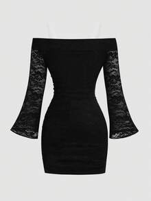 SHEIN Tween Girl Fitted Elegant Off Shoulder Lace Long Sleeve Snug Fit Dress Fall Winter - Black - View 2